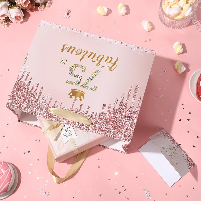Yoirrat Rose Gold 75th Birthday Gift Bag for Women 75 & Fabulous Large Pink Happy 75th Birthday Gift Bag with Wrapping Paper and Card for 75th Bday Decorations Party Supplies - Image 5